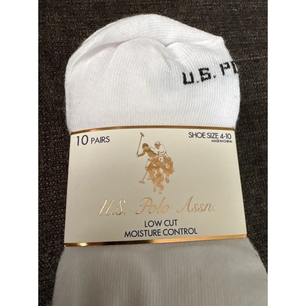 US Polo Assn 10 Pairs White Low‎ Cut Moisture Control Socks Shoe Size 4-10